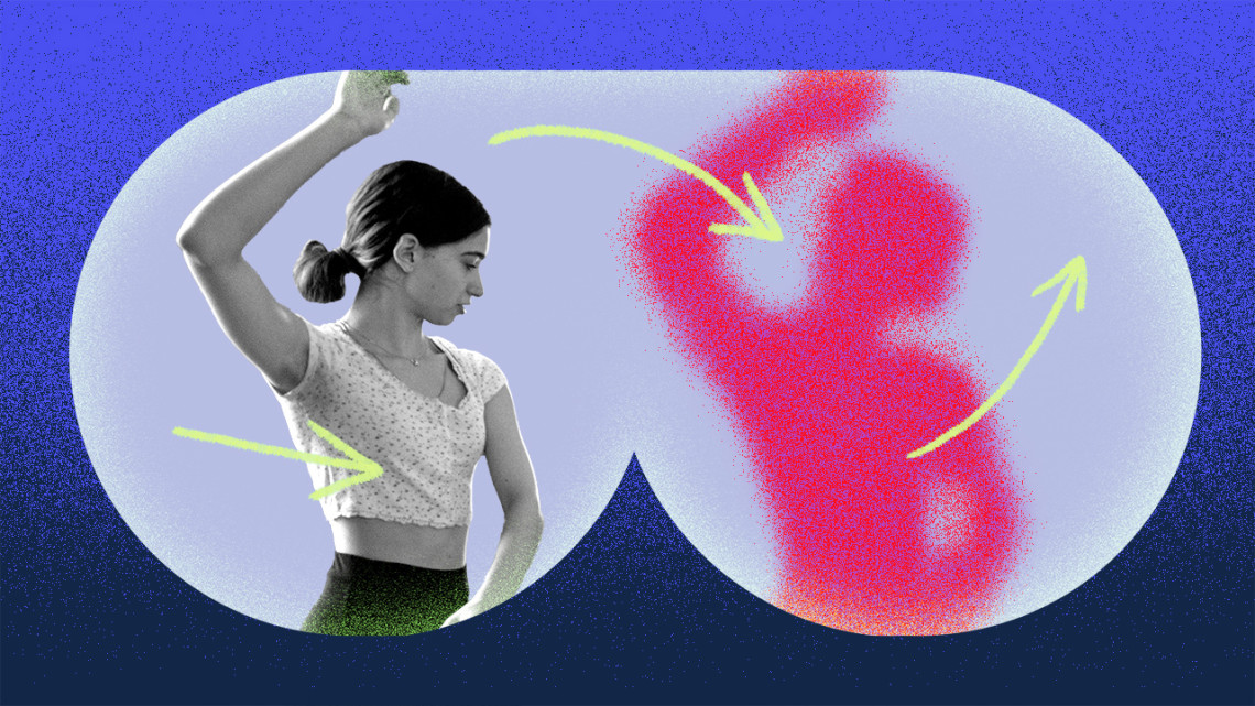 A color graphic of a woman dancing. By Laila Milevski/Cornell University
