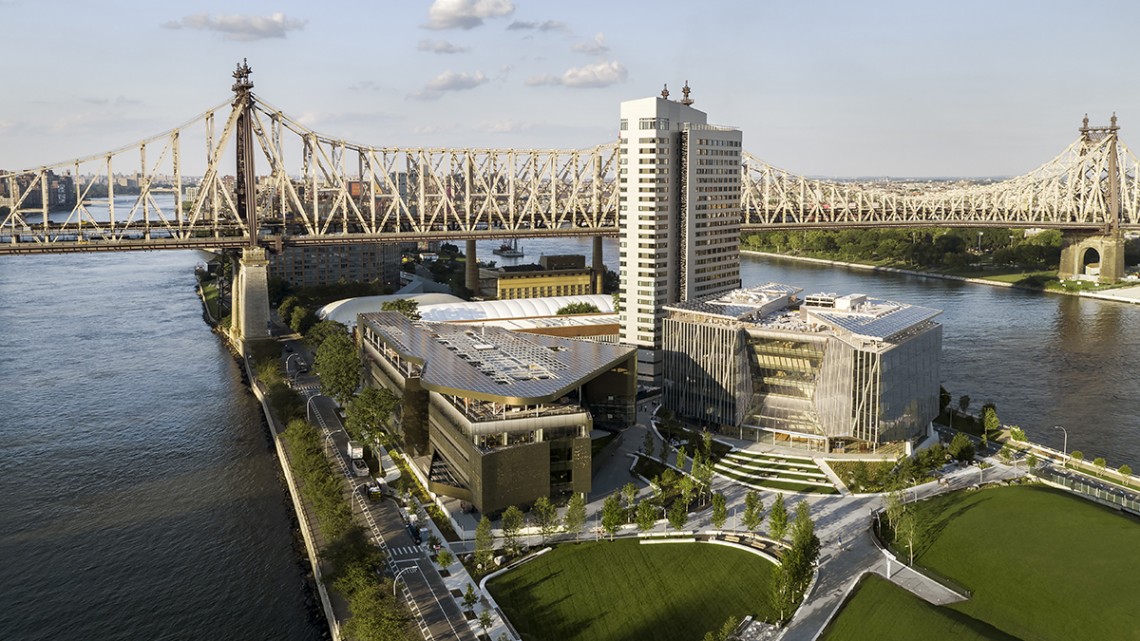 An aerial view of the Cornell Tech campus, showing the 59th Street Bridge over Roosevelt Island and the Great Lawn, in the foreground. An aerial view of the Cornell Tech campus, showing the 59th Street Bridge over Roosevelt Island and the Great Lawn, in the foreground.